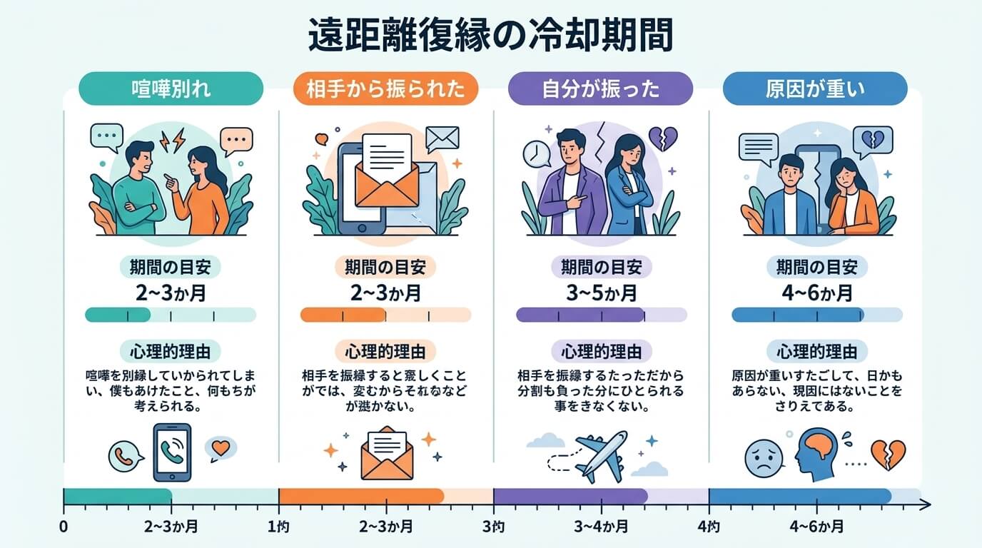 日本人の写真と現代日本の風景がベース。参照画像のテイストで生成。, 「遠距離復縁の冷却期間」をテーマにしたインフォグラフィック。4つの状況（喧嘩別れ、相手から振られた、自分が振った、原因が重い）を比較