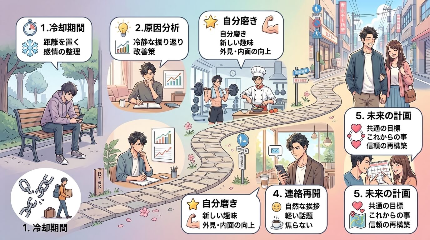 日本人の写真と現代日本の風景がベース。参照画像のテイストで生成。, 遠距離復縁を成功に導く5つのステップを描いたインフォグラフィック。左下の「別れ」から右上の「復縁成功」へ続く道のりをステップ形式で表