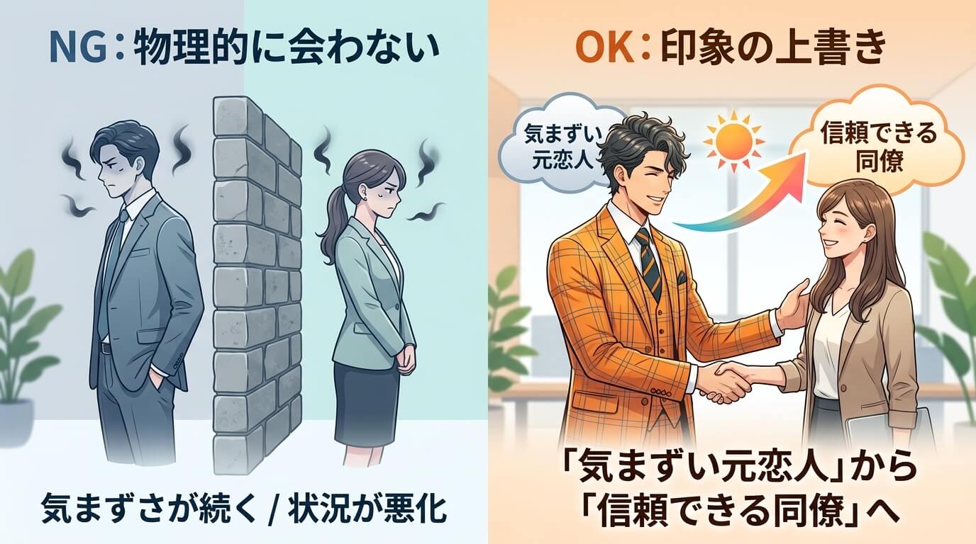 日本人の写真と現代日本の風景がベース。参照画像のテイストで生成。, 社内恋愛の復縁における冷却期間の考え方を示すインフォグラフィック。画面を左右に分割した比較図。左側は「NG:物理的に会わない」をテー