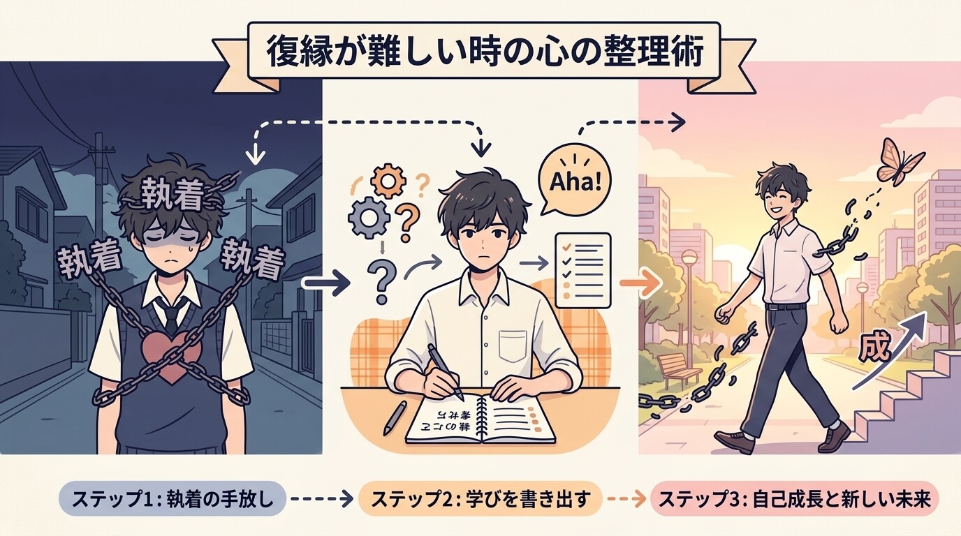 日本人の写真と現代日本の風景がベース。参照画像のテイストで生成。, 「復縁が難しい時の心の整理術」をテーマにしたインフォグラフィック。3ステップのフロー図形式。ステップ1：暗い背景で心の鎖に縛られ悲し