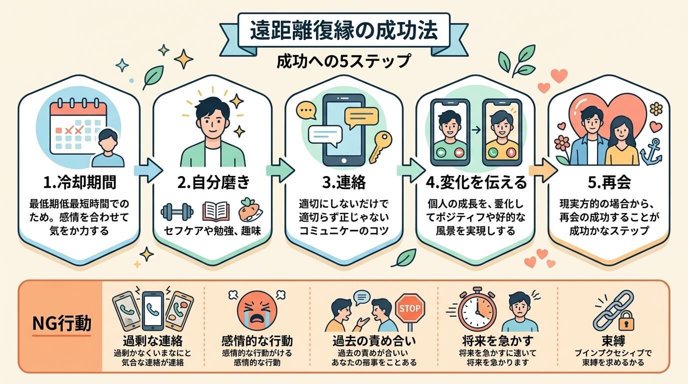 日本人の写真と現代日本の風景がベース。参照画像のテイストで生成。, 「遠距離復縁の成功法」をテーマにしたインフォグラフィック。上部に「成功への5ステップ」というタイトル。1.冷却期間(カレンダーのアイ