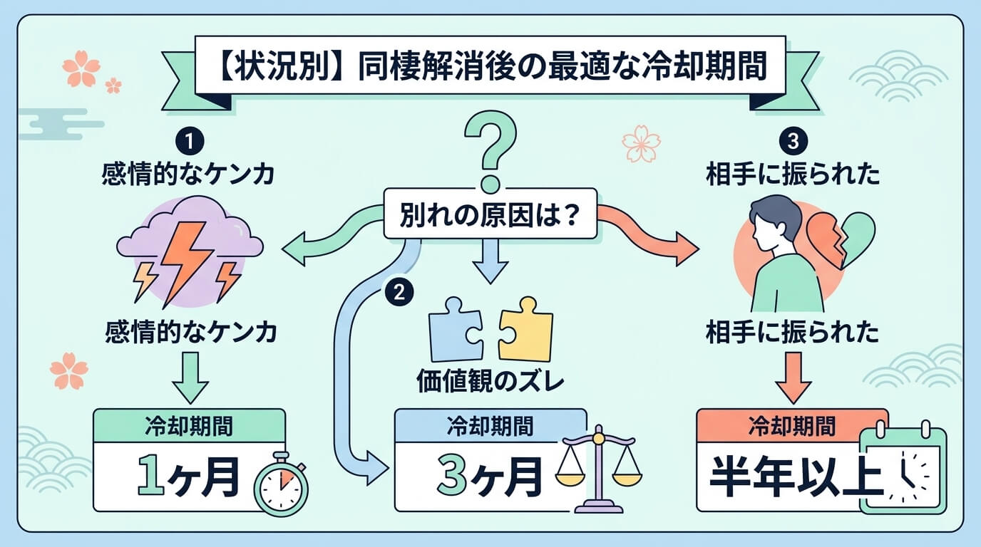 日本人の写真と現代日本の風景がベース。参照画像のテイストで生成。, インフォグラフィック、フローチャート形式。「【状況別】同棲解消後の最適な冷却期間」というタイトルで、フラットデザインのデジタルイラス