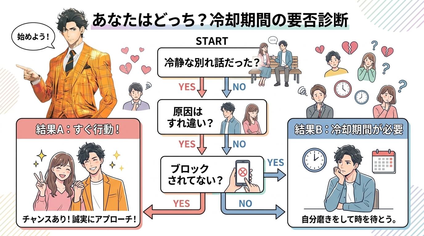 日本人の写真と現代日本の風景がベース。参照画像のテイストで生成。, 復縁診断のインフォグラフィック。上部に「あなたはどっち？冷却期間の要否診断」というタイトル。スタートから「冷静な別れ話だった？」「原