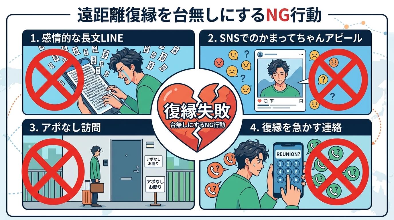 日本人の写真と現代日本の風景がベース。参照画像のテイストで生成。, 「遠距離復縁を台無しにするNG行動」のインフォグラフィック。中央に「復縁失敗」と書かれた割れたハートを配置。その周りに4つの禁止行動