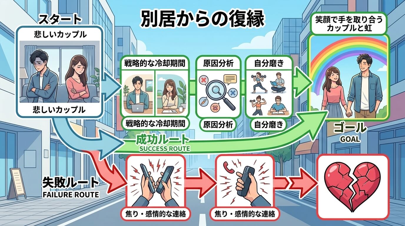 日本人の写真と現代日本の風景がベース。参照画像のテイストで生成。, 「別居からの復縁」をテーマにしたステップ図のインフォグラフィック。スタート地点にいる悲しいカップルから矢印が二股に分岐。失敗ルートは