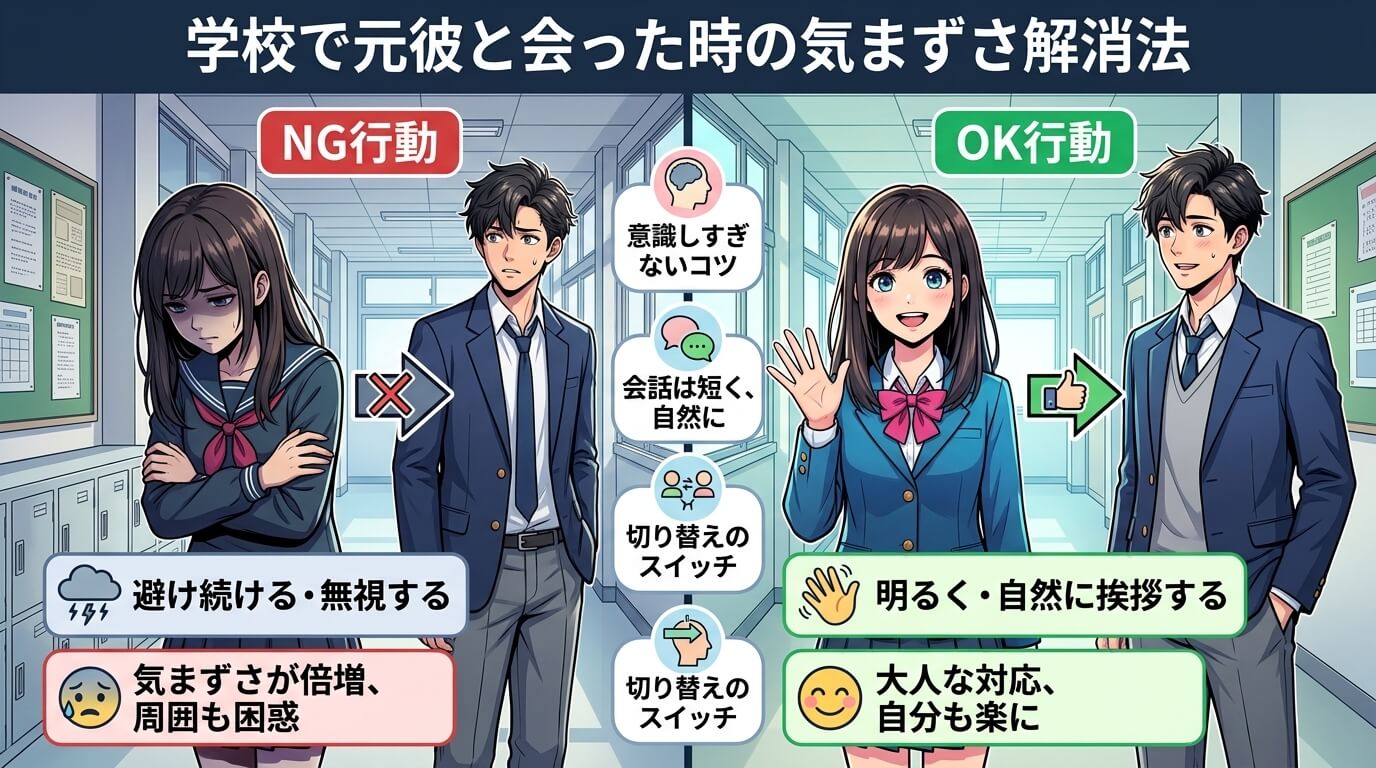 日本人の写真と現代日本の風景がベース。参照画像のテイストで生成。, インフォグラフィック、テーマは「学校で元彼と会った時の気まずさ解消法」。画面を左右に分割した比較図。左は「NG行動」として元彼を避け