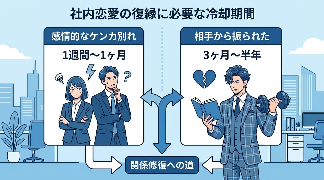 日本人の写真と現代日本の風景がベース。参照画像のテイストで生成。, インフォグラフィック、タイトルは「社内恋愛の復縁に必要な冷却期間」。画面を左右に二分割した比較図。左側は「感情的なケンカ別れ」、期間