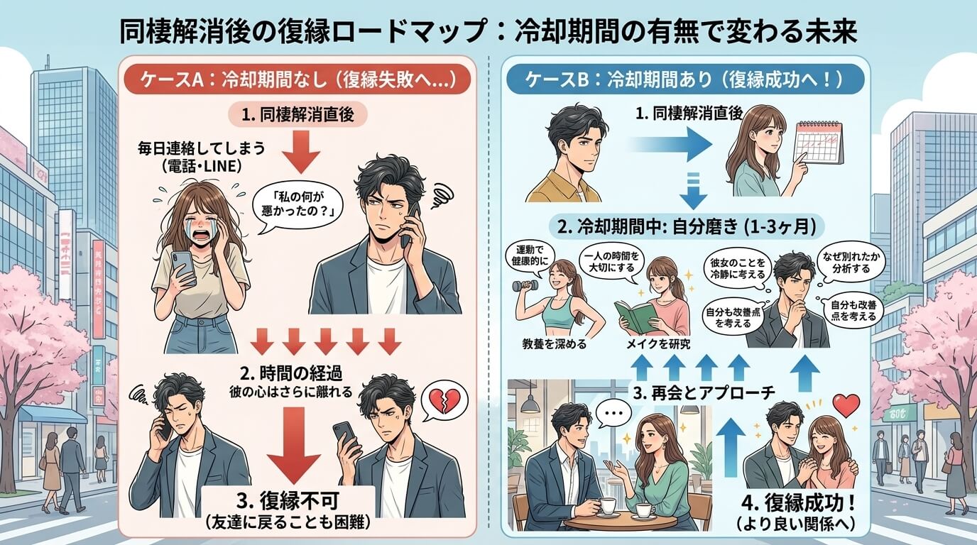 日本人の写真と現代日本の風景がベース。参照画像のテイストで生成。, 「同棲解消後の復縁」をテーマにしたインフォグラフィック。画面を左右に分割した比較図。左側は「冷却期間なし」で、泣いて電話する女性と迷