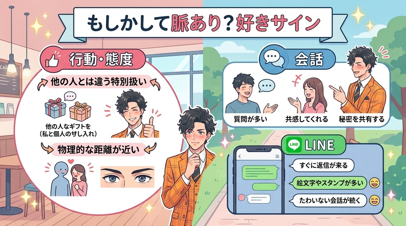 日本人の写真と現代日本の風景がベース。参照画像のテイストで生成。, 「もしかして脈あり？好きサイン」をテーマにしたインフォグラフィック。中央にタイトルを配置し、その周りに「行動・態度」「会話」「LIN