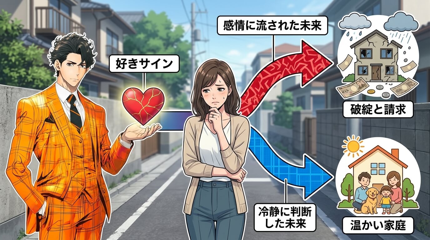 日本人の写真と現代日本の風景がベース。参照画像のテイストで生成。, インフォグラフィック、フロー図。中央に悩む既婚女性を配置。左から独身男性がハートを差し出す「好きサイン」のイラスト。女性から2つの道
