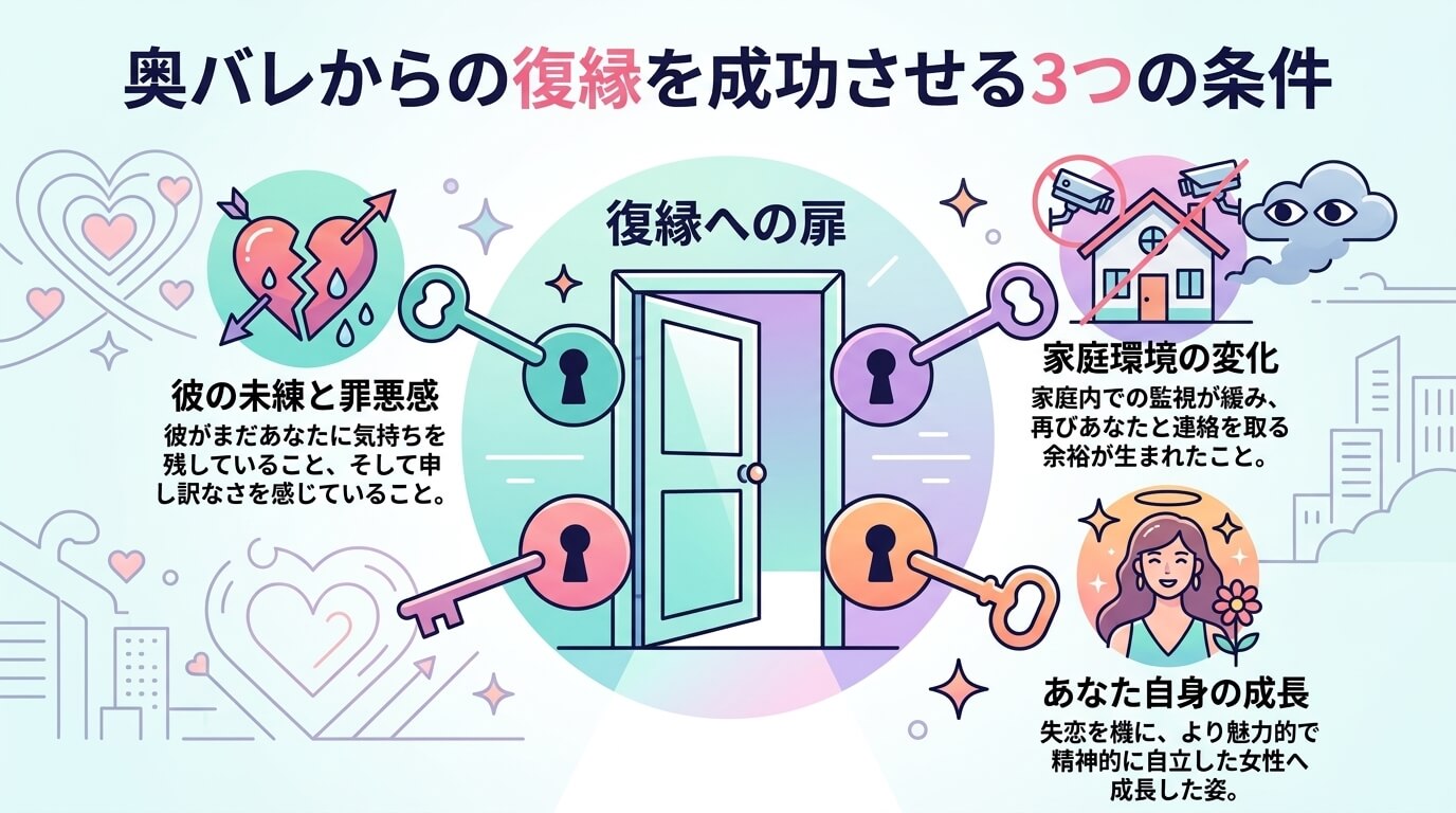 日本人の写真と現代日本の風景がベース。参照画像のテイストで生成。, インフォグラフィック、「奥バレからの復縁を成功させる3つの条件」。中央に「復縁への扉」を配置。その扉を開けるための3つの鍵として、「