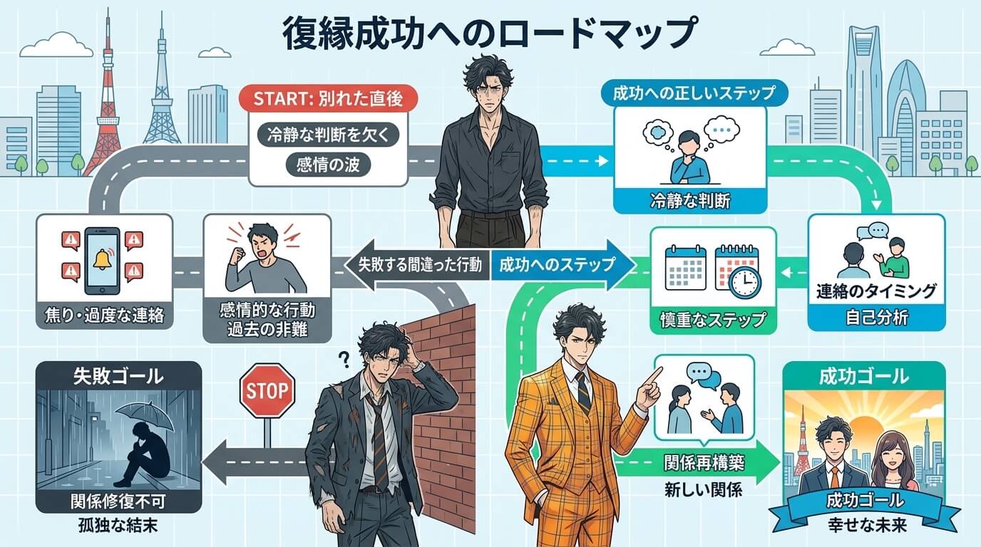 日本人の写真と現代日本の風景がベース。参照画像のテイストで生成。, 「復縁成功へのロードマップ」というタイトルのインフォグラフィック。中央上部の「別れた直後」で悩む人物から道が二手に分かれるフローチャ