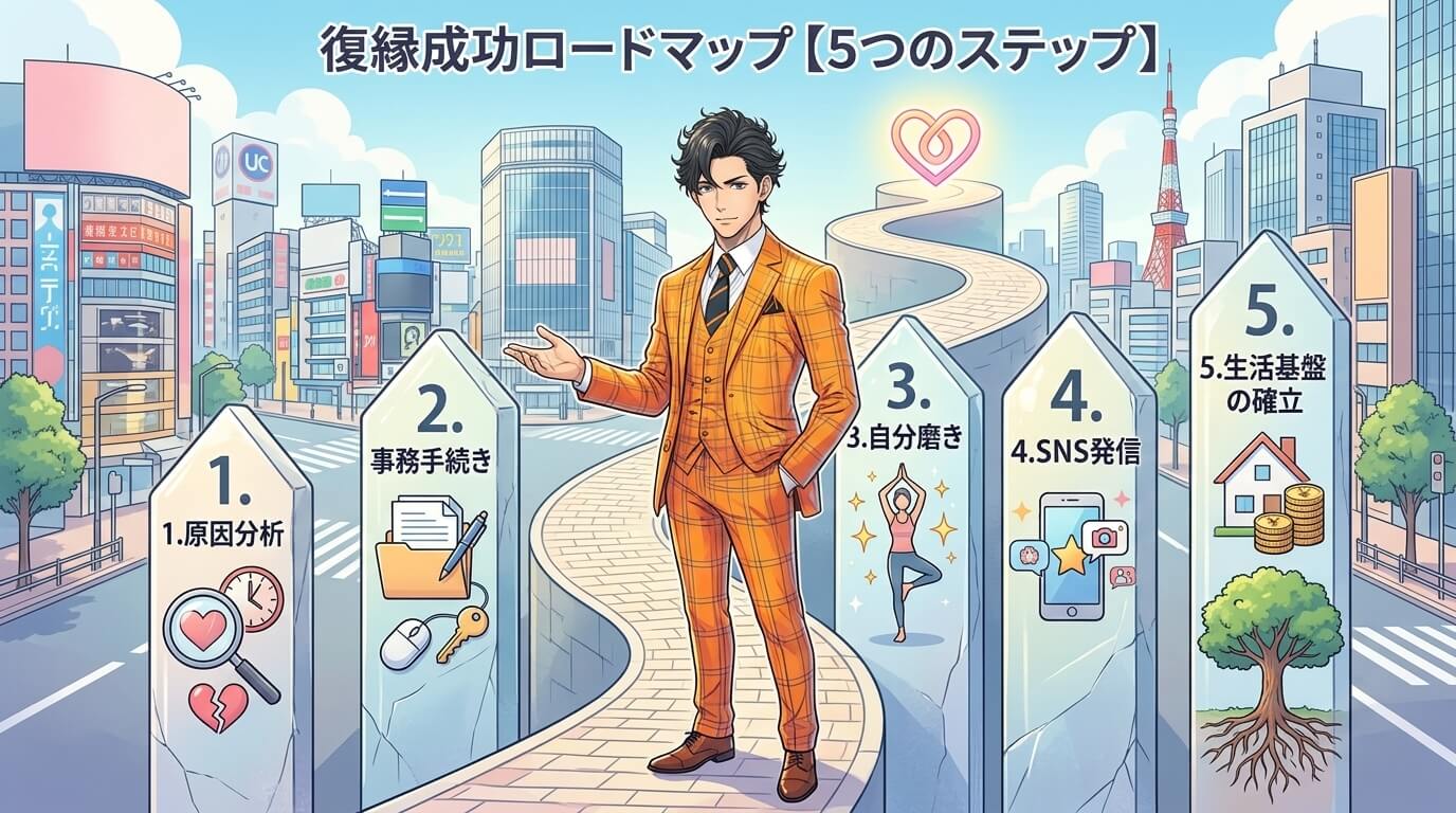 日本人の写真と現代日本の風景がベース。参照画像のテイストで生成。, 「復縁成功ロードマップ【5つのステップ】」というタイトルのインフォグラフィック。下から上へと続く道の上に、5つのステップを順番に配置