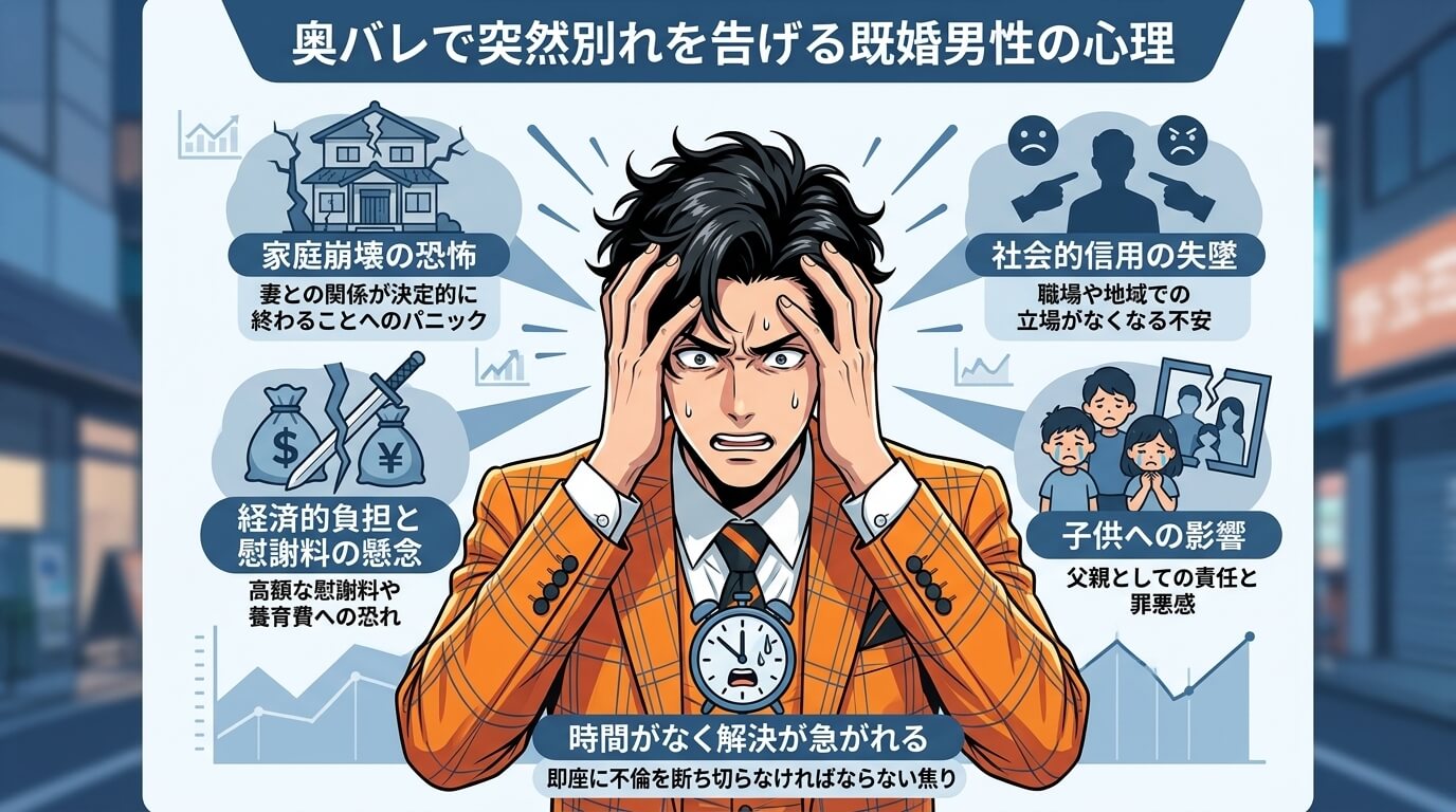 日本人の写真と現代日本の風景がベース。参照画像のテイストで生成。, インフォグラフィック「奥バレで突然別れを告げる既婚男性の心理」。中央に頭を抱えパニック状態の男性を配置。彼の頭から吹き出しのように5