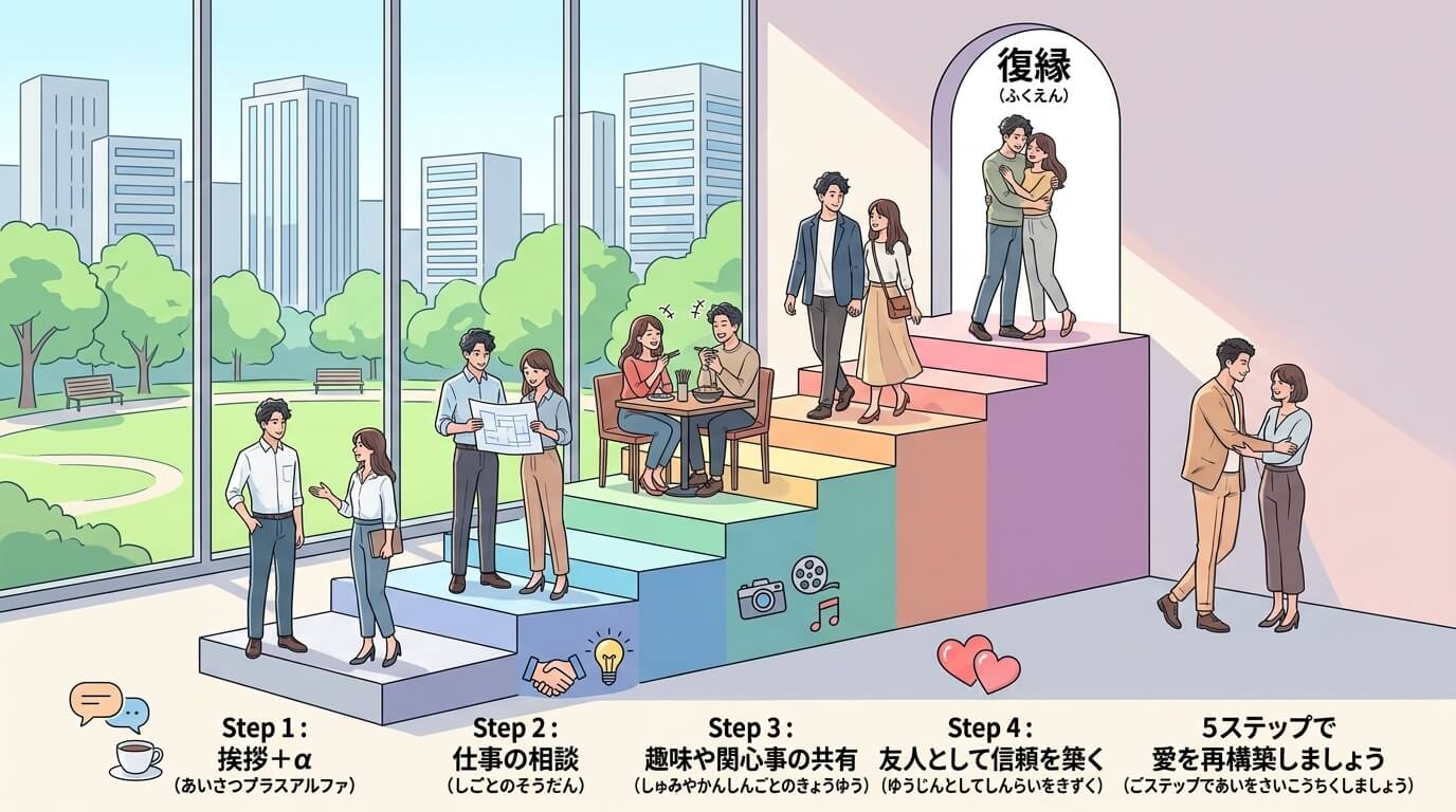 日本人の写真と現代日本の風景がベース。参照画像のテイストで生成。, 「復縁への5ステップ」をテーマにしたインフォグラフィック。男女が階段を一段ずつ上り、関係性を再構築していく様子を明るいパステルカラー