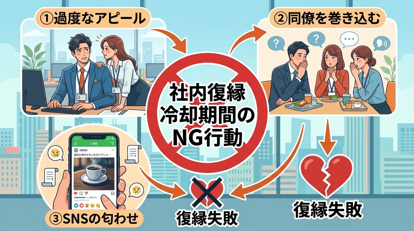 日本人の写真と現代日本の風景がベース。参照画像のテイストで生成。, インフォグラフィック「社内復縁 冷却期間のNG行動」。中央に大きな赤い禁止マーク。周りに3つのシーンを配置。「①過度なアピール」：オ