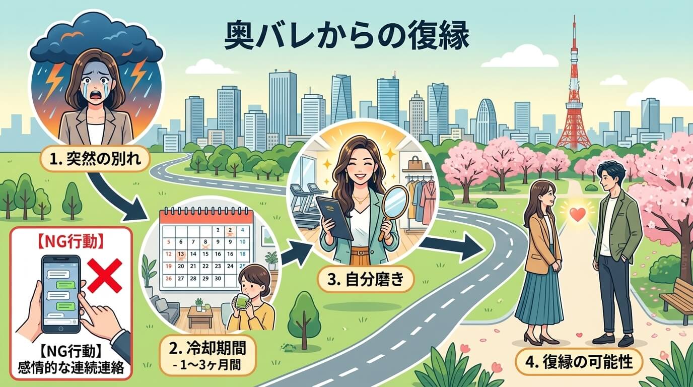 日本人の写真と現代日本の風景がベース。参照画像のテイストで生成。, 「奥バレからの復縁」をテーマにしたステップ形式のインフォグラフィック。1.突然の別れ（嵐の雲）、2.冷却期間（カレンダー）、3.自分