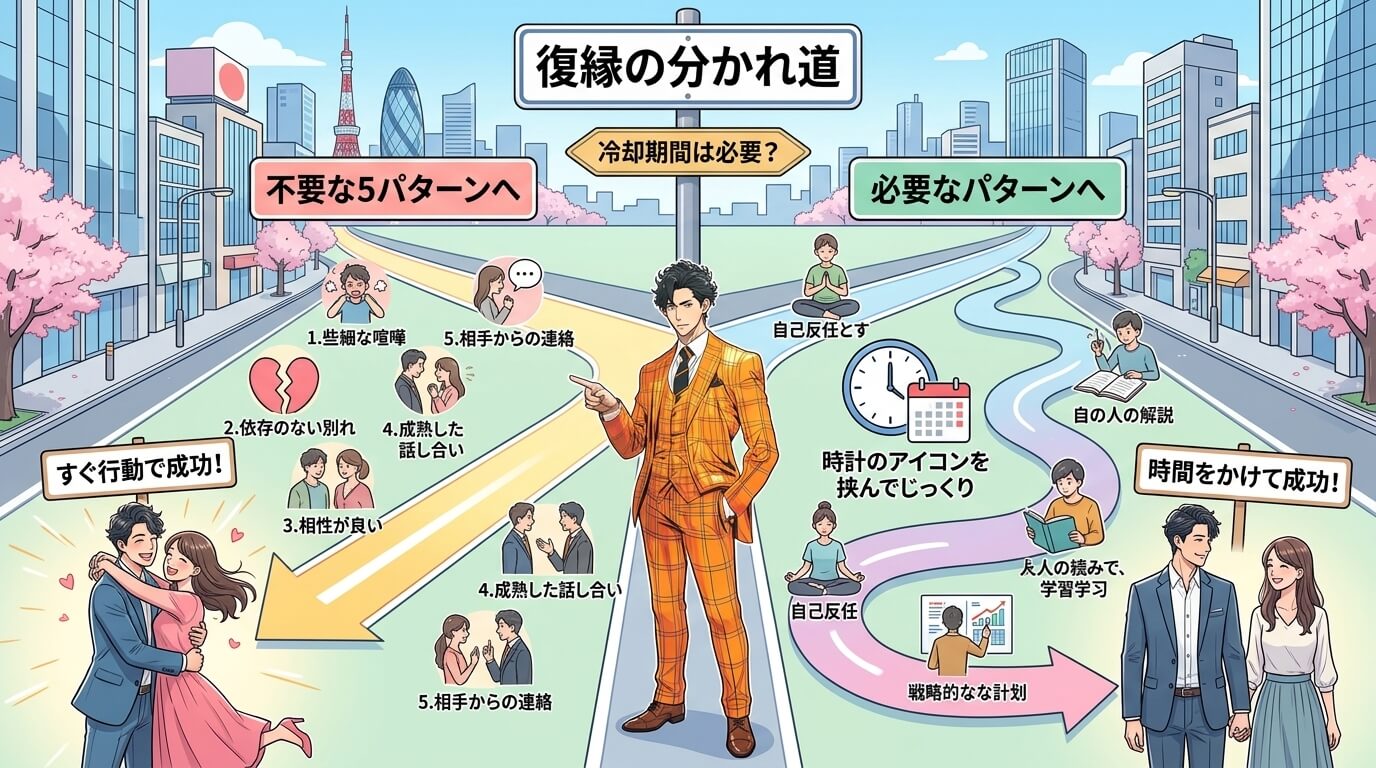 日本人の写真と現代日本の風景がベース。参照画像のテイストで生成。, 復縁の分かれ道を描いたインフォグラフィック。「冷却期間は必要？」という問いから道が二手に分かれるフローチャート形式。左の道は「不要な