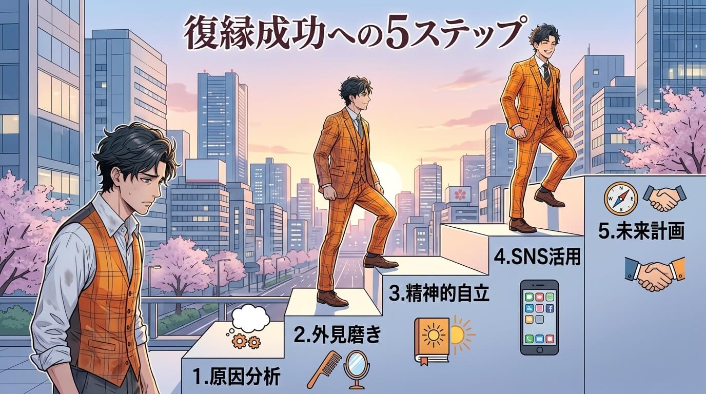 日本人の写真と現代日本の風景がベース。参照画像のテイストで生成。, 「復縁成功への5ステップ」というタイトルのインフォグラフィック。一人の人物が自信を取り戻しながら5段の階段を上っていく様子を描くステ