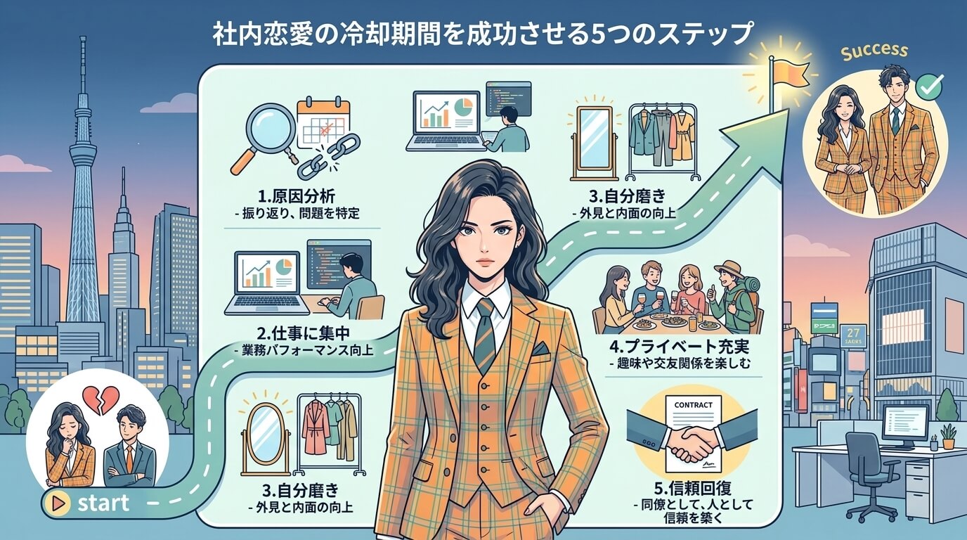 日本人の写真と現代日本の風景がベース。参照画像のテイストで生成。, 「社内恋愛の冷却期間を成功させる5つのステップ」を示すインフォグラフィック。中央の悩む女性から「復縁成功」というゴールへ向かう矢印の