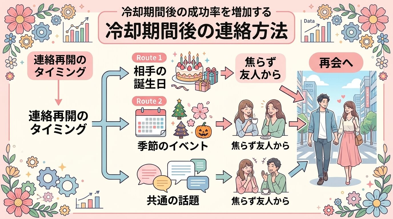 日本人の写真と現代日本の風景がベース。参照画像のテイストで生成。, 復縁の成功率を高める「冷却期間後の連絡方法」をテーマにしたインフォグラフィック。中央の「連絡再開のタイミング」というタイトルから、3
