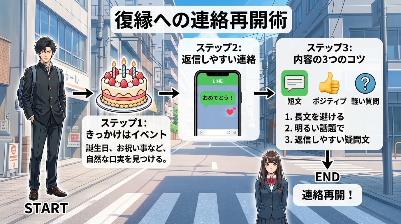 日本人の写真と現代日本の風景がベース。参照画像のテイストで生成。, 「復縁への連絡再開術」をテーマにしたインフォグラフィック。冷却期間後の連絡方法を3つのステップで示すフロー図。Step1:誕生日ケー