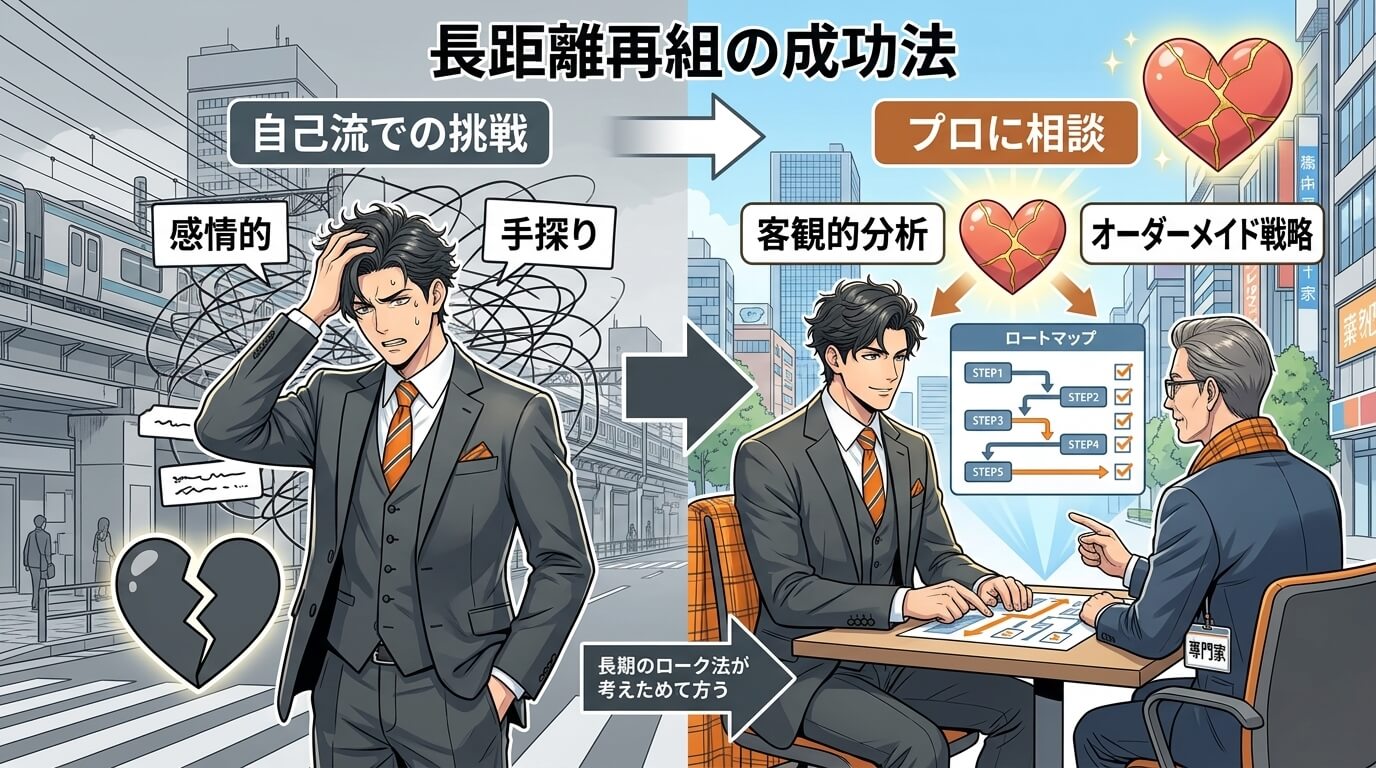 日本人の写真と現代日本の風景がベース。参照画像のテイストで生成。, 遠距離復縁の成功法を示すインフォグラフィック。画面を左右に分割した比較図。左は「自己流での挑戦」として、悩む人物と「感情的」「手探り