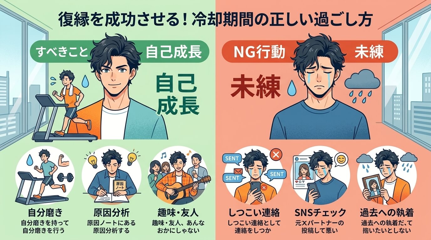 日本人の写真と現代日本の風景がベース。参照画像のテイストで生成。, 復縁における「冷却期間の過ごし方」をテーマにしたインフォグラフィック。画面を左右に分割した比較図で、左に「すべきこと」、右に「NG行