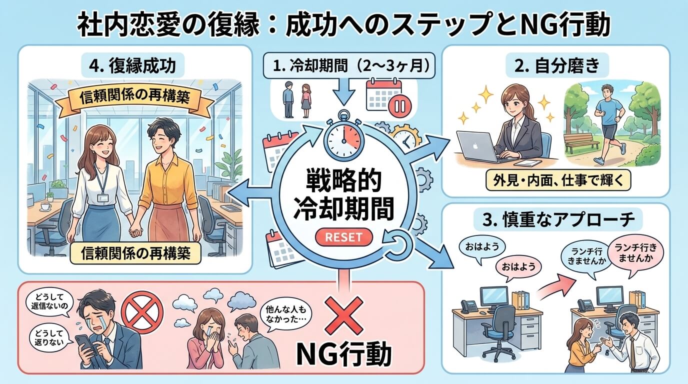 日本人の写真と現代日本の風景がベース。参照画像のテイストで生成。, 「社内恋愛の復縁」をテーマにしたインフォグラフィック。「戦略的冷却期間」を中央のテーマとし、成功へのステップを図解。①冷却期間：カレ
