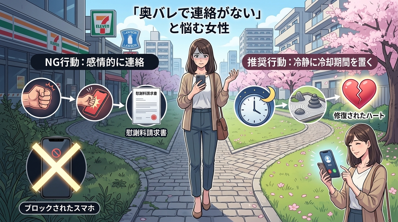 日本人の写真と現代日本の風景がベース。参照画像のテイストで生成。, インフォグラフィック、デジタルイラスト。中央に「奥バレで連絡がない」と悩みスマホを持つ女性。彼女から左右に道が分岐。左の道は「NG行