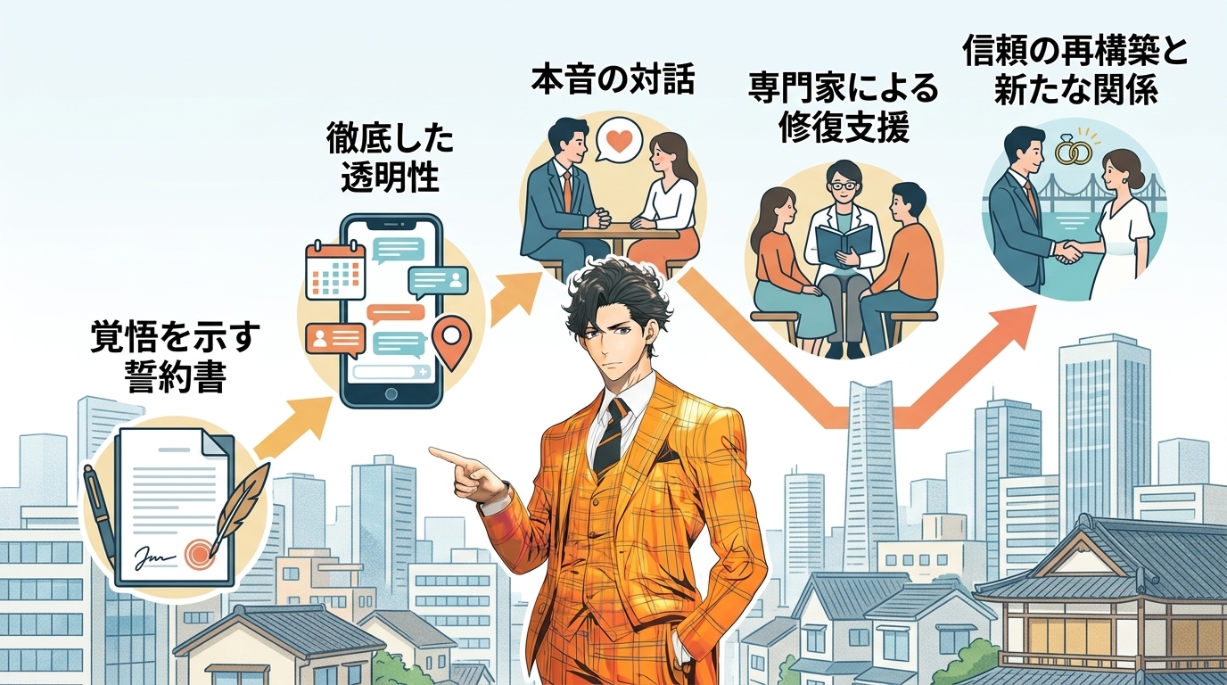 日本人の写真と現代日本の風景がベース。参照画像のテイストで生成。, インフォグラフィック、離婚回避から信頼再構築への5つのステップを描いたステップ図。フラットデザインのデジタルイラストで、矢印で繋がれ