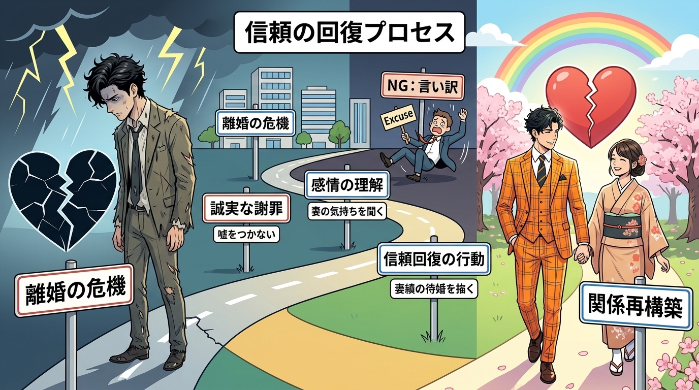 日本人の写真と現代日本の風景がベース。参照画像のテイストで生成。, 不倫発覚後の信頼回復プロセスを示すインフォグラフィック。ロードマップ形式で、左に嵐の中の男性と割れたハート(離婚の危機)、中央に「誠