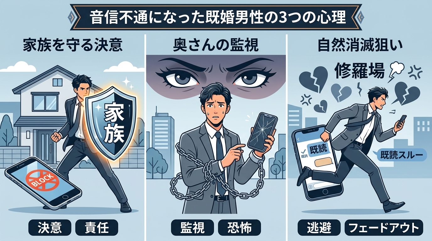 日本人の写真と現代日本の風景がベース。参照画像のテイストで生成。, インフォグラフィック、『音信不通になった既婚男性の3つの心理』。画面を3分割し、左から「1. 家族を守る決意」「2. 奥さんの監視」