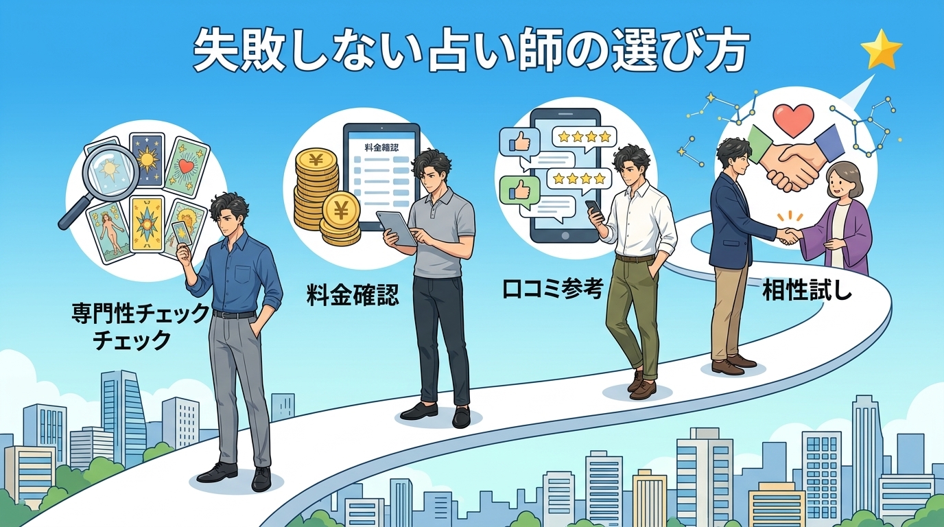 日本人の写真と現代日本の風景がベース。参照画像のテイストで生成。, 「失敗しない占い師の選び方」というテーマのインフォグラフィック。下から上へ続く道のりに4つのステップを配置したステップ図。各ステップ