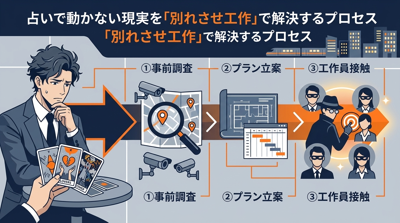 日本人の写真と現代日本の風景がベース。参照画像のテイストで生成。, 占いで動かない現実を「別れさせ工作」で解決するプロセスを示すインフォグラフィック。左に占いのカードを見て悩む人物を配置し、右へ向かう
