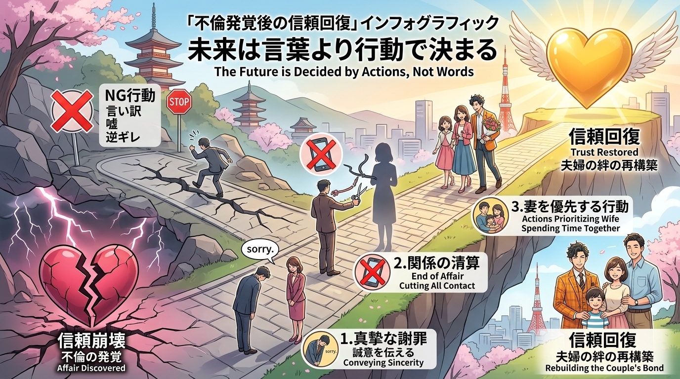 日本人の写真と現代日本の風景がベース。参照画像のテイストで生成。, 「不倫発覚後の信頼回復」をテーマにしたインフォグラフィック。左下の嵐と割れたハートの「信頼崩壊」から、右上の太陽と修復されたハートの