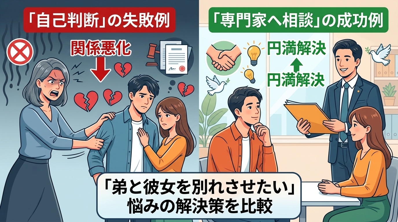 日本人の写真と現代日本の風景がベース。参照画像のテイストで生成。, 「弟と彼女を別れさせたい」悩みの解決策を比較するインフォグラフィック。左右二分割の構図。左側は「自己判断」の失敗例で、姉が弟と彼女に