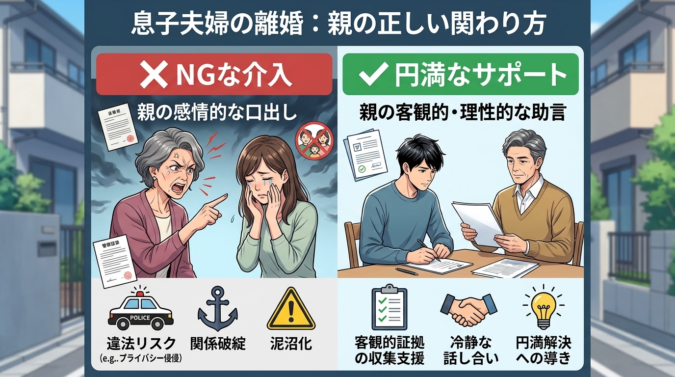 日本人の写真と現代日本の風景がベース。参照画像のテイストで生成。, インフォグラフィック、比較図スタイル。テーマ「息子夫婦の離婚：親の正しい関わり方」。画面を中央で2分割し、左に「NGな介入」、右に「