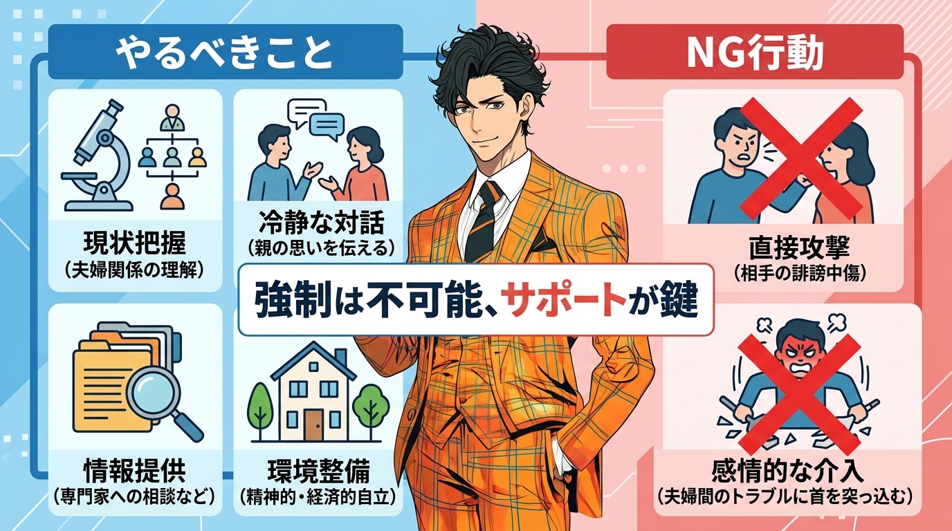日本人の写真と現代日本の風景がベース。参照画像のテイストで生成。, 「息子夫婦を別れさせたい親の心得」をテーマにしたインフォグラフィック。画面を左右に分割した比較図で、左側は青を基調に「やるべきこと（