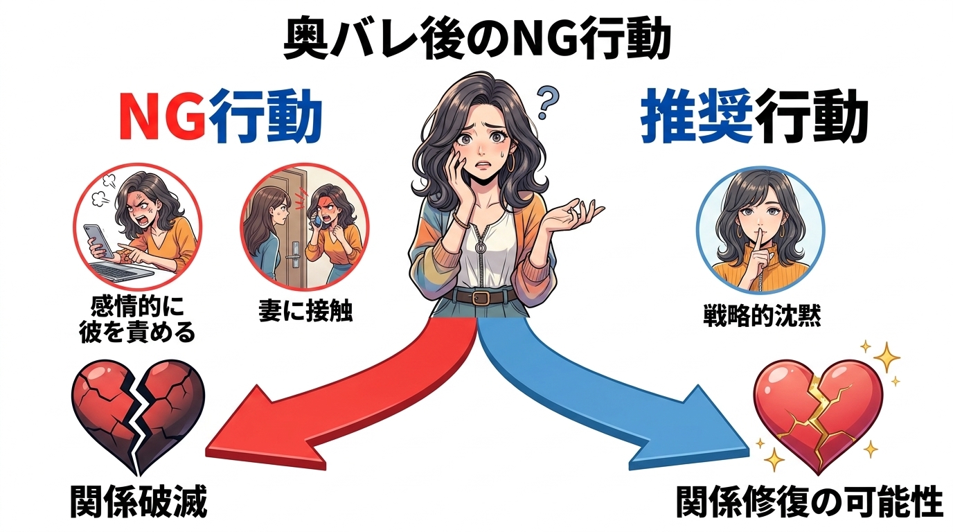 日本人の写真と現代日本の風景がベース。参照画像のテイストで生成。, インフォグラフィック、「奥バレ後のNG行動」というタイトル。中央に困惑した表情の女性イラスト。そこから左右に道が分岐するフロー図。左