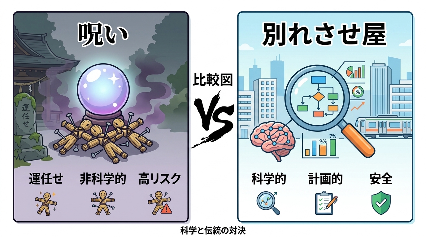 日本人の写真と現代日本の風景がベース。参照画像のテイストで生成。, インフォグラフィック、比較図。「呪い」と「別れさせ屋」を左右に分割して対比。左側は「呪い」をテーマに、暗い背景に水晶玉や藁人形のアイ