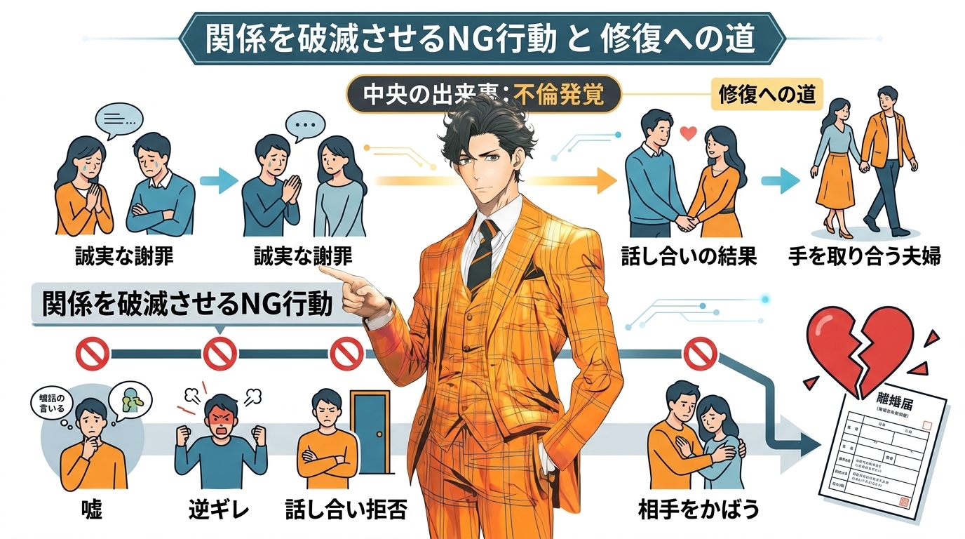 日本人の写真と現代日本の風景がベース。参照画像のテイストで生成。, 「関係を破滅させるNG行動」のインフォグラフィック。中央に「不倫発覚」の場面。そこから下に伸びる「破滅への道」には🚫マーク付きで「