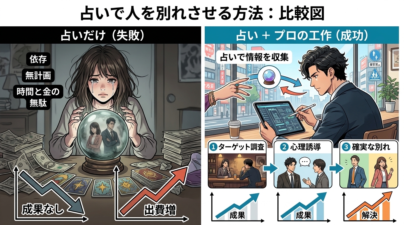 日本人の写真と現代日本の風景がベース。参照画像のテイストで生成。, 「占いで人を別れさせる方法」をテーマにしたインフォグラフィック。画面を左右に分割した比較図。左側は「占いだけ(失敗)」と題し、女性が