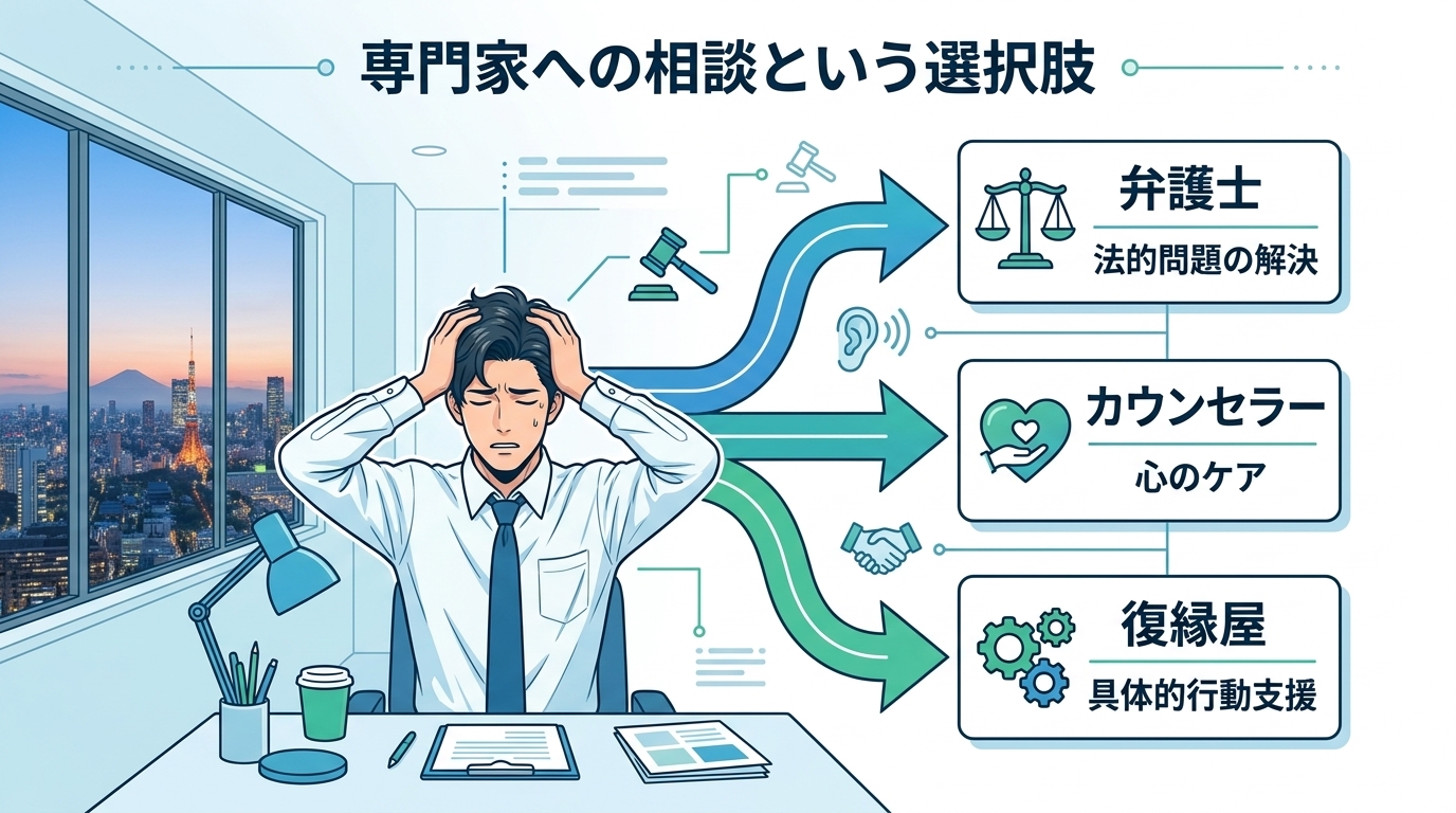 日本人の写真と現代日本の風景がベース。参照画像のテイストで生成。, インフォグラフィック、フラットデザイン。中央で頭を抱える男性から3本の矢印が分岐する構図。各矢印の先には「弁護士(天秤のアイコン)」