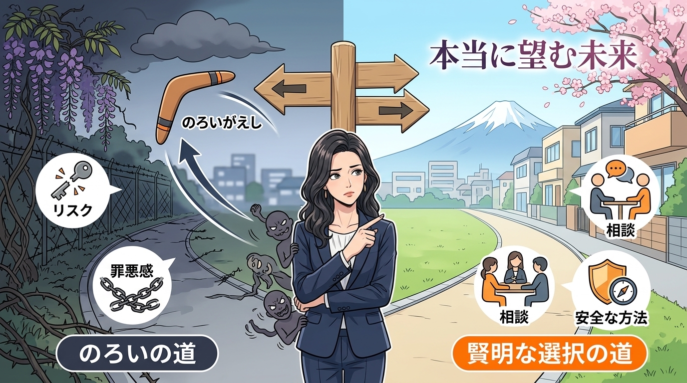 日本人の写真と現代日本の風景がベース。参照画像のテイストで生成。, インフォグラフィック、デジタルイラスト。岐路に立つ悩める女性。左は「呪いの道」で、暗く茨に覆われ、「呪い返し」のブーメランが自分に戻