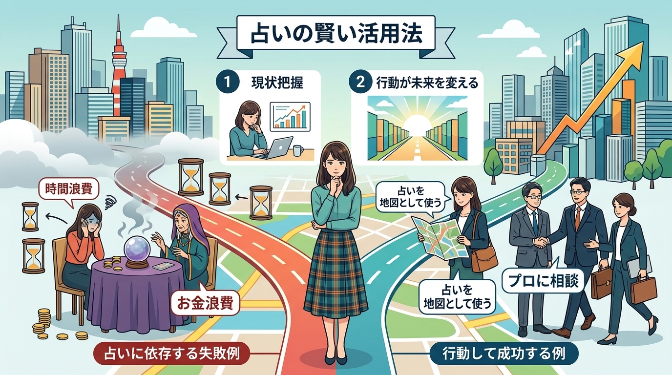 日本人の写真と現代日本の風景がベース。参照画像のテイストで生成。, 「占いの賢い活用法」というタイトルのインフォグラフィック。悩む女性が分岐点に立ち、左の道は「占いに依存する失敗例」で、水晶玉を前に時