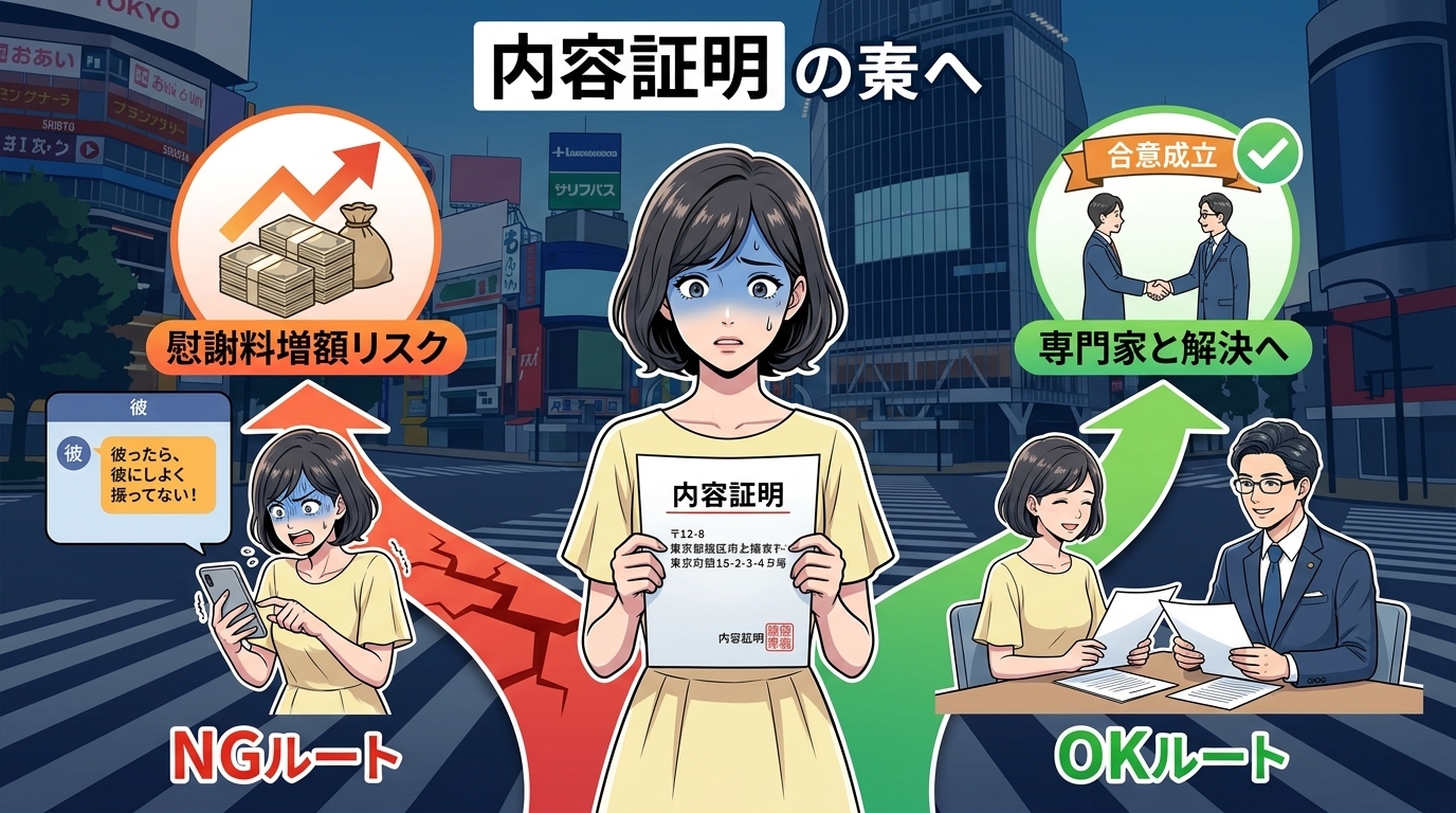 日本人の写真と現代日本の風景がベース。参照画像のテイストで生成。, 「奥バレ後の法的対処法」を示すインフォグラフィック。中心に「内容証明」の手紙を見て青ざめる女性。そこから道が左右に分岐。左のNGルー