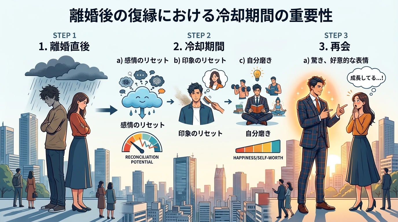 日本人の写真と現代日本の風景がベース。参照画像のテイストで生成。, 「離婚後の復縁における冷却期間の重要性」をテーマにしたインフォグラフィック。左に「離婚直後」の嵐の雲の下で背を向け合うカップル、中央