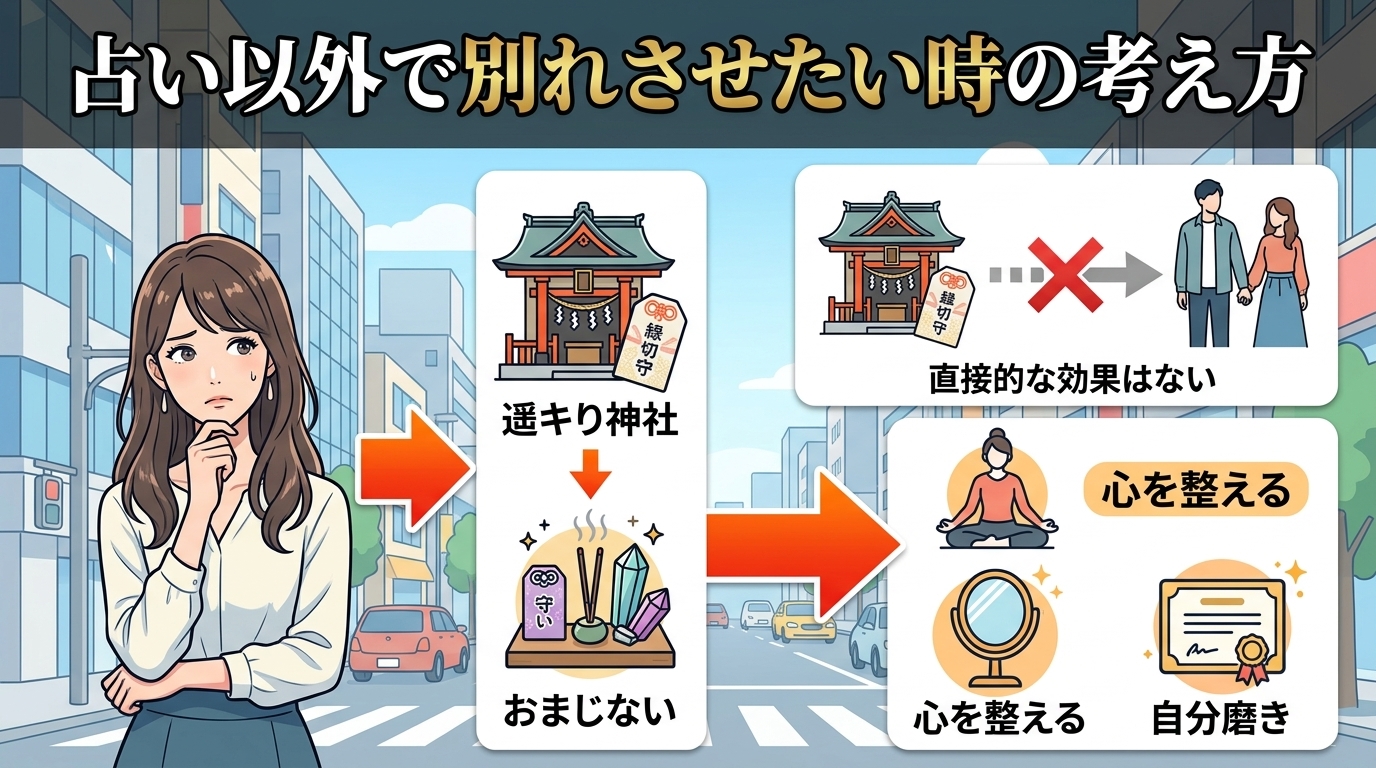 日本人の写真と現代日本の風景がベース。参照画像のテイストで生成。, インフォグラフィック、フロー図、デジタルイラスト。「占い以外で別れさせたい時の考え方」という日本語タイトル。左に悩む女性。中央に「縁