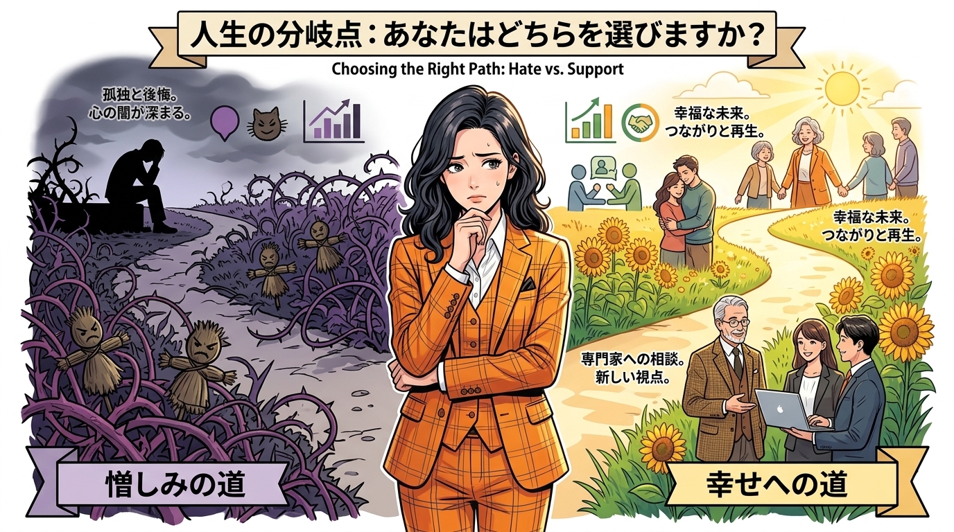 日本人の写真と現代日本の風景がベース。参照画像のテイストで生成。, インフォグラフィック。悩む女性が立つ分岐点の比較図。左は「憎しみの道」で、紫色の暗い茨道、藁人形のアイコン、行き着く先は後悔。右は「
